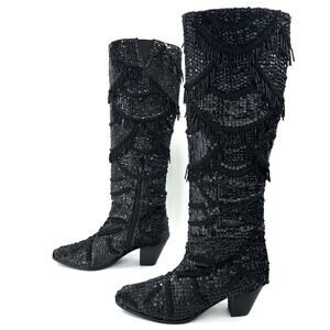 Free People Disco Party Black Tall Boot Sz 9 Bead/Sequin Embellished Western New